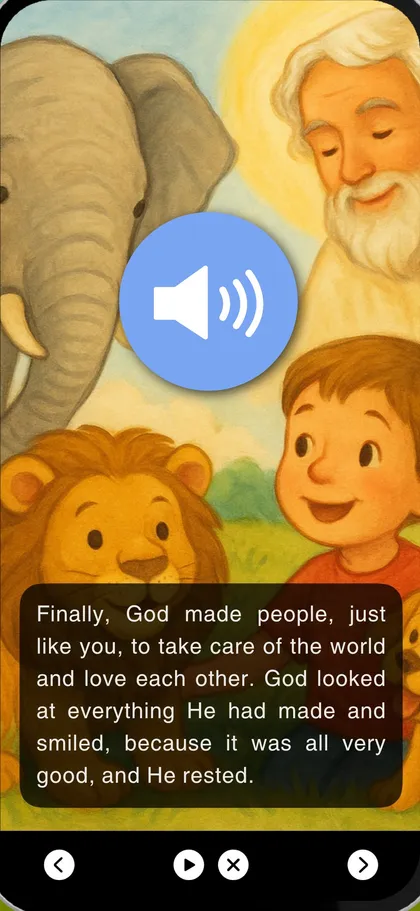 A BibiQ story page: a picture of the creation with the narration text below it